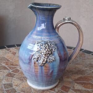 Ceramic Pottery Pitcher Glazed Grapes Leaves Signed 9.5"
